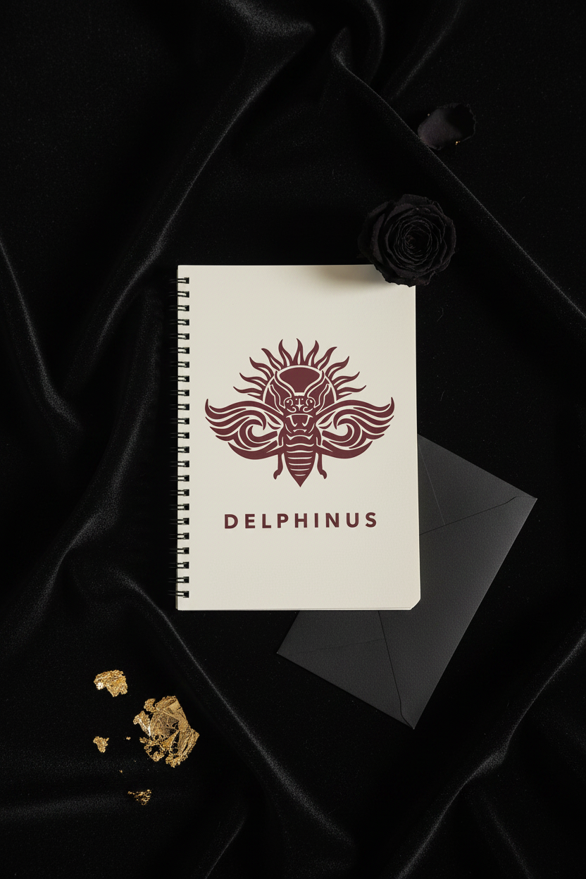 Le Complice — Carnet A5 DELPHINUS logo bordeaux, flat lay sur velours noir avec rose et feuilles d'or