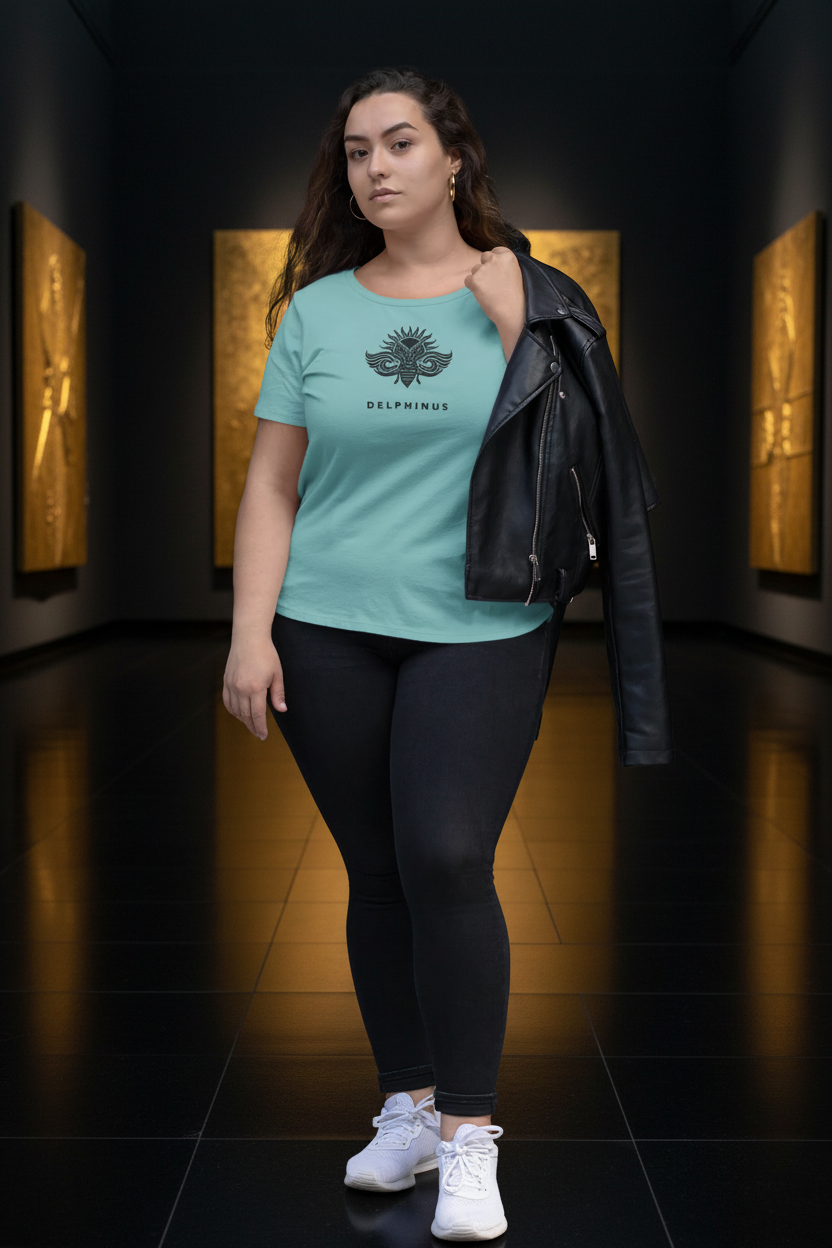 T-shirt L'Horizon DELPHINUS — Femme Curve, galerie d'art noir et or, Vert Lagon et logo Noir