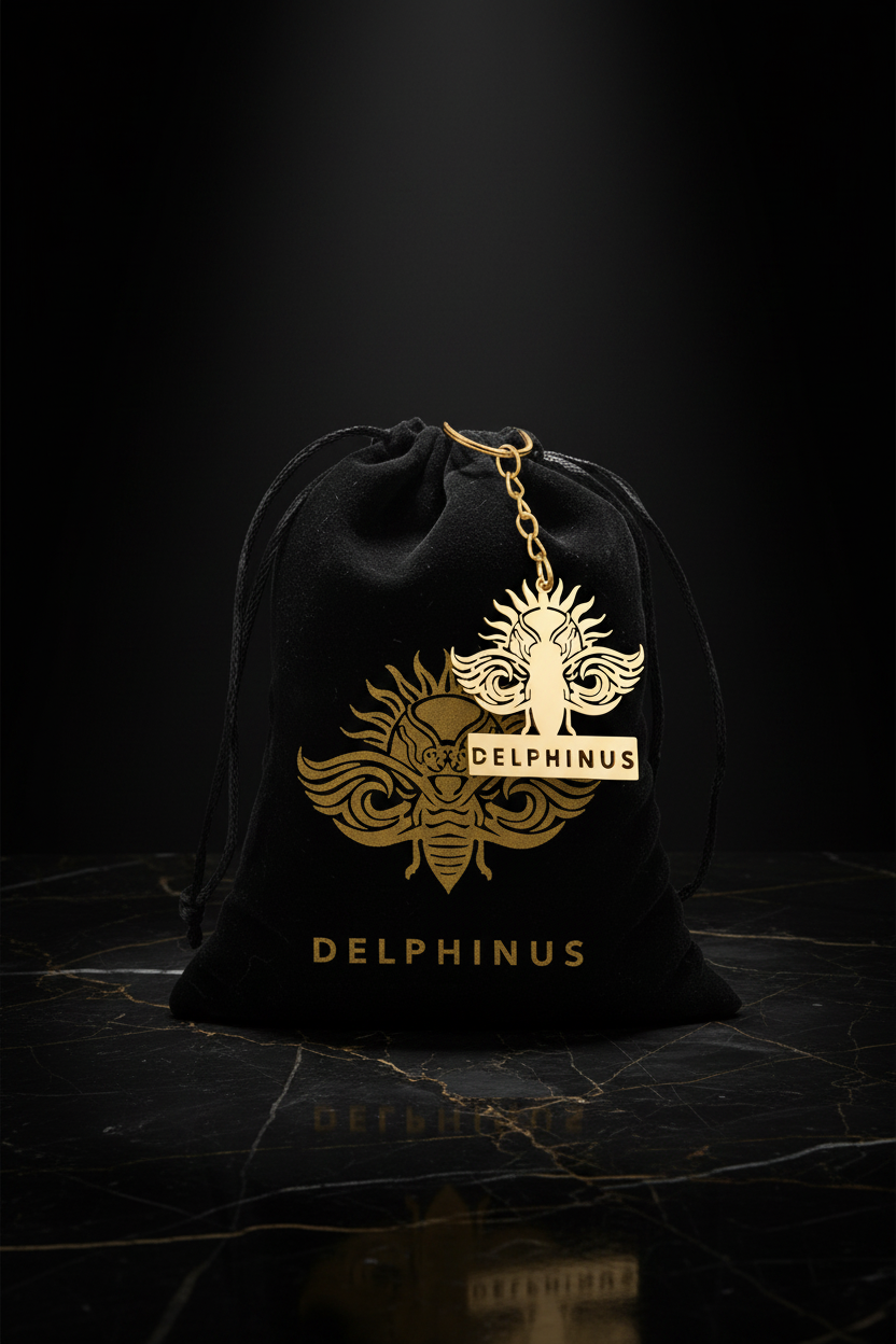 Pochon velours noir DELPHINUS avec porte-clé doré — packaging cadeau luxe, logo or estampillé
