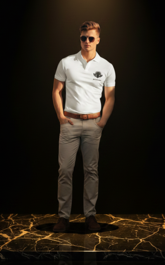 Polo L'Élégant DELPHINUS - studio fond noir, coloris Blanc Pur & Noir Minuit