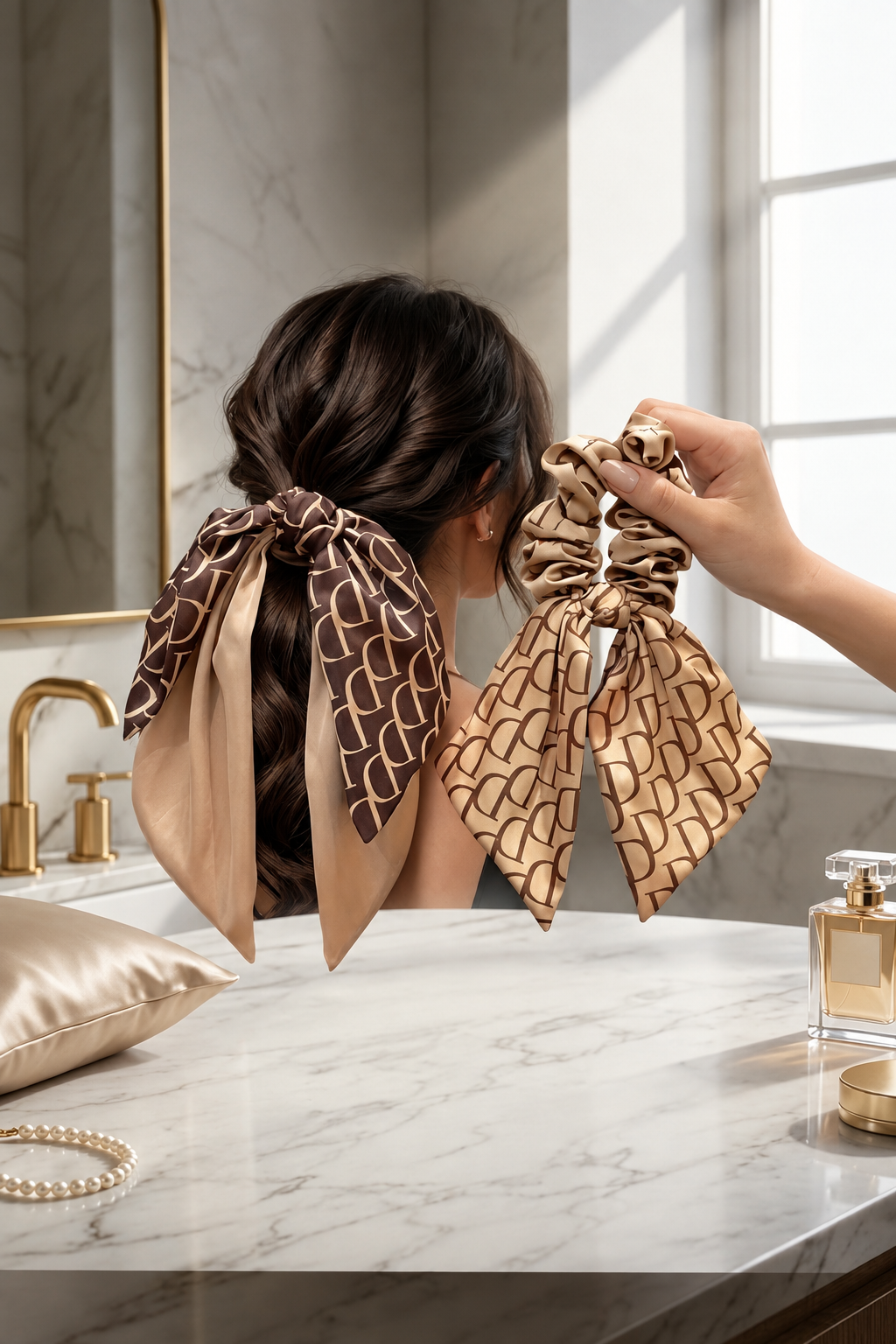 Chouchous DELPHINUS beige et marron – modèle brun porté dans les cheveux et modèle beige présenté à la main