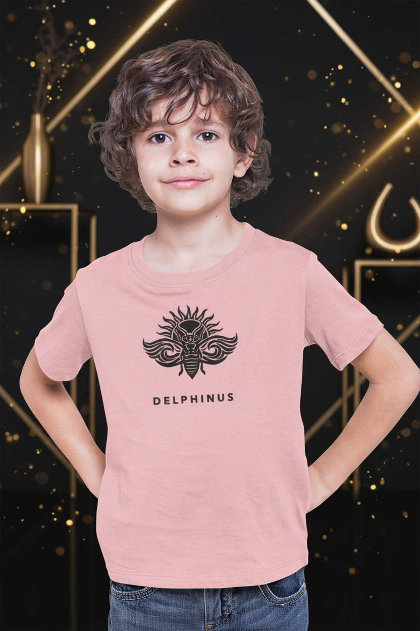 T-shirt enfant L'HÉRITIÈRE Aria DELPHINUS – Rose & Logo Noir – garçon pose décontractée"
