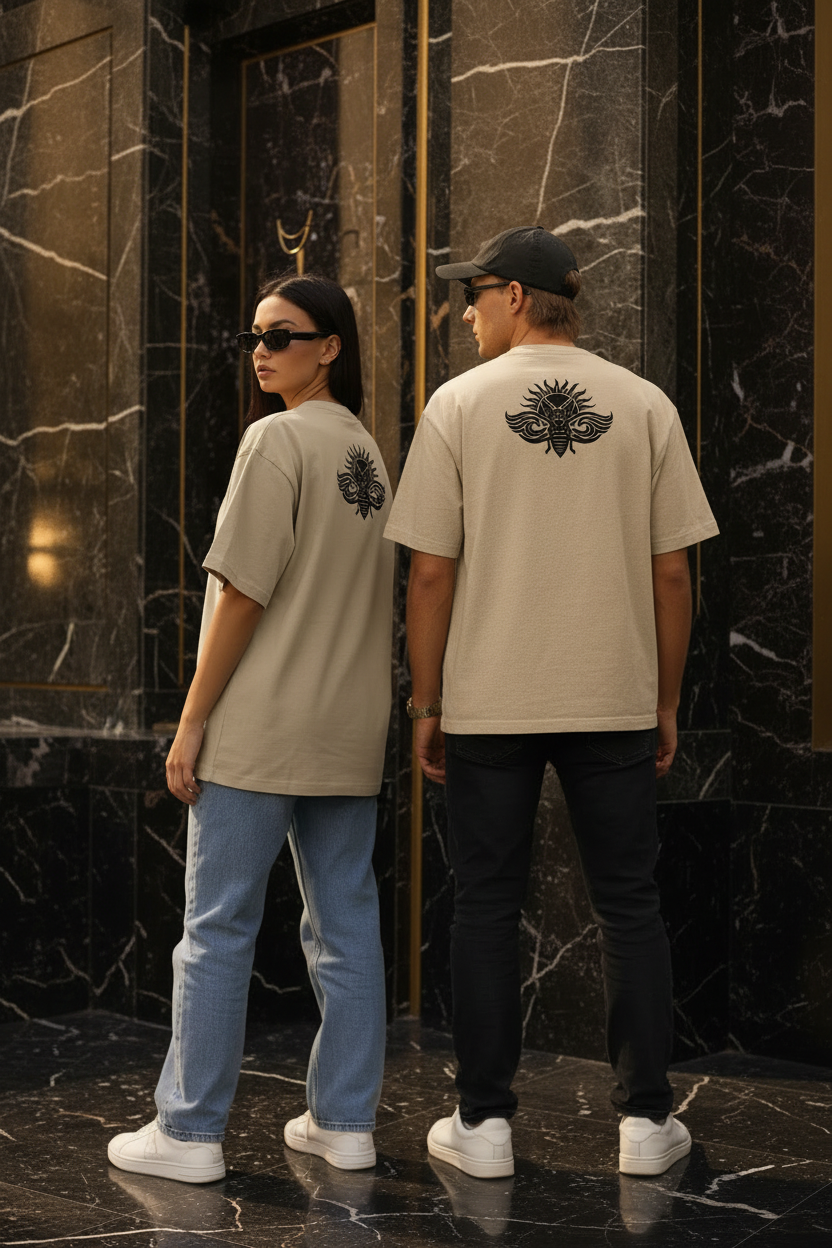 T-shirt oversize LE Signature DELPHINUS - duo homme et femme de dos, coloris Sable de Camargue & Noir