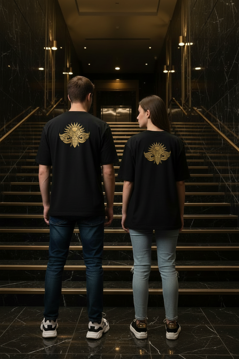T-shirt oversize LE Signature DELPHINUS - duo homme et femme de dos, coloris Noir Onyx & Or