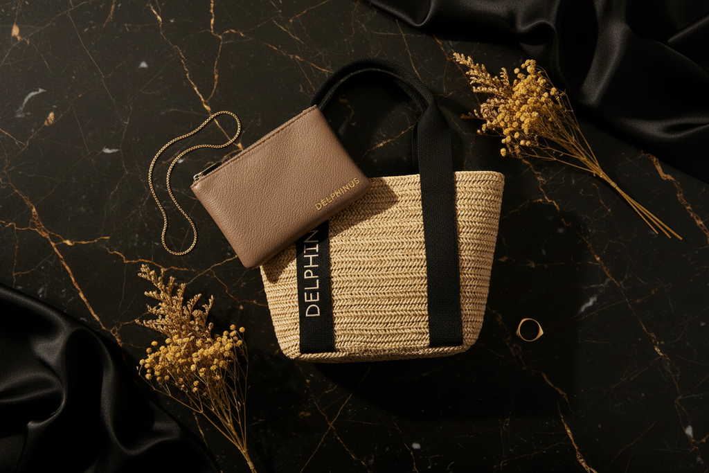 DUO PROMENADE DELPHINUS — Flat lay premium, sac de ville et porte-monnaie, coloris noir et or