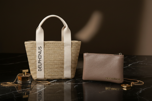 DUO PROMENADE DELPHINUS — Le Nomade sac à main et Le Discret porte-monnaie, version Noire broderie Blanche