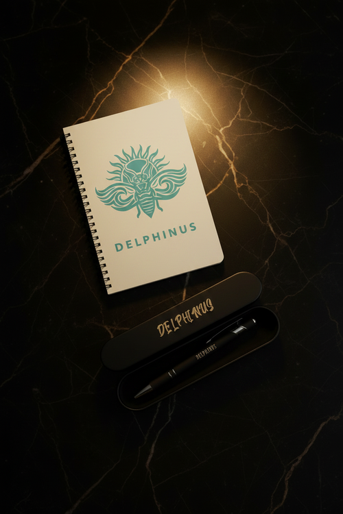 DUO RÉFLEXION — Stylo dans son Écrin & Carnet Logo Turquoise DELPHINUS-table en marbre noire