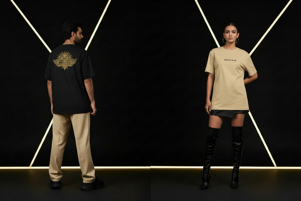 Duo Signature DELPHINUS – T-shirts unisexe oversize Sable de Camargue & logo noir, homme de dos logo cigale, femme de face, studio noir éditorial
