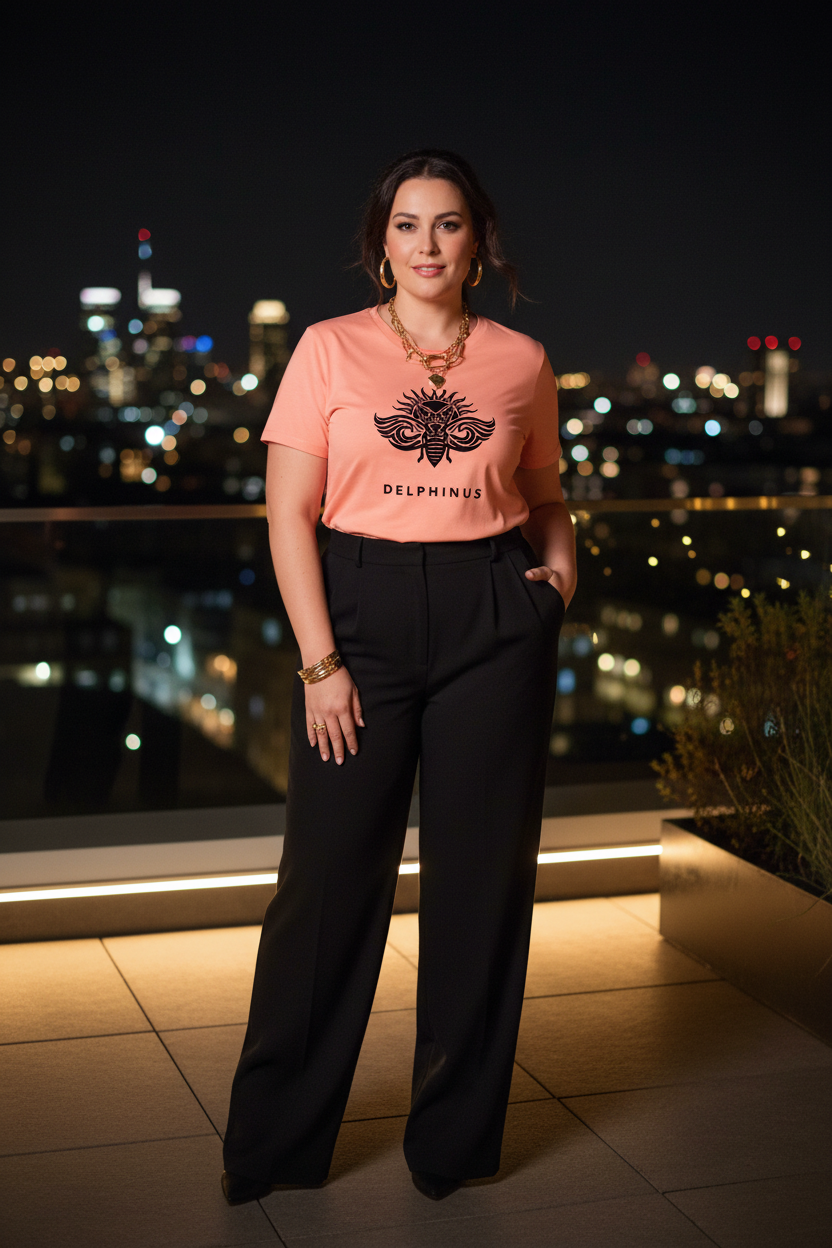 T-shirt La Flamboyante Curve DELPHINUS — Femme Curve 40 ans, rooftop nocturne, coloris Corail