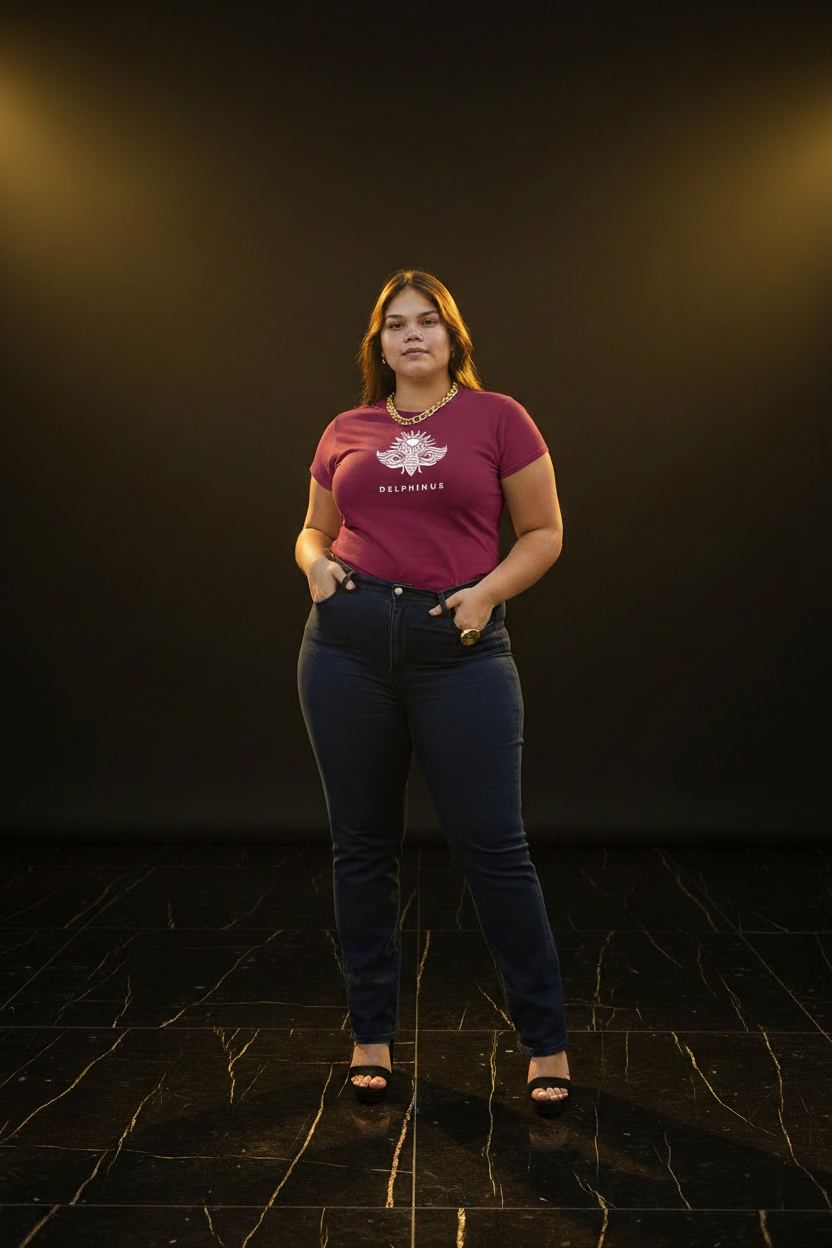Jeune femme curve portant L'Absolu — T-shirt unisexe DELPHINUS bordeaux logo blanc cigale, fond noir lumière dorée dramatique, pose confiante