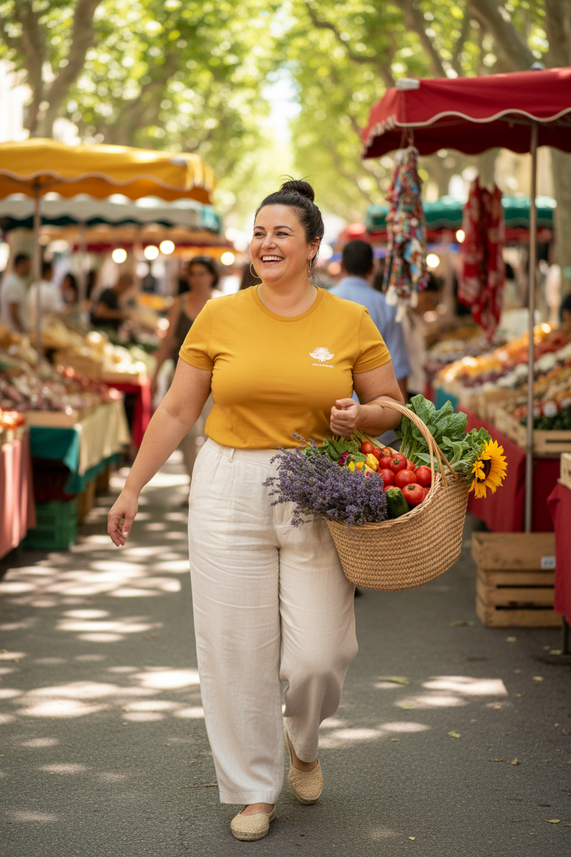 LE JUILLETISTE Sun Yellow CURVE – T-shirt unisexe jaune doré logo cigale blanc, femme curve joyeuse au marché provençal, panier fleuri, lumière méditerranéenne, DELPHINUS