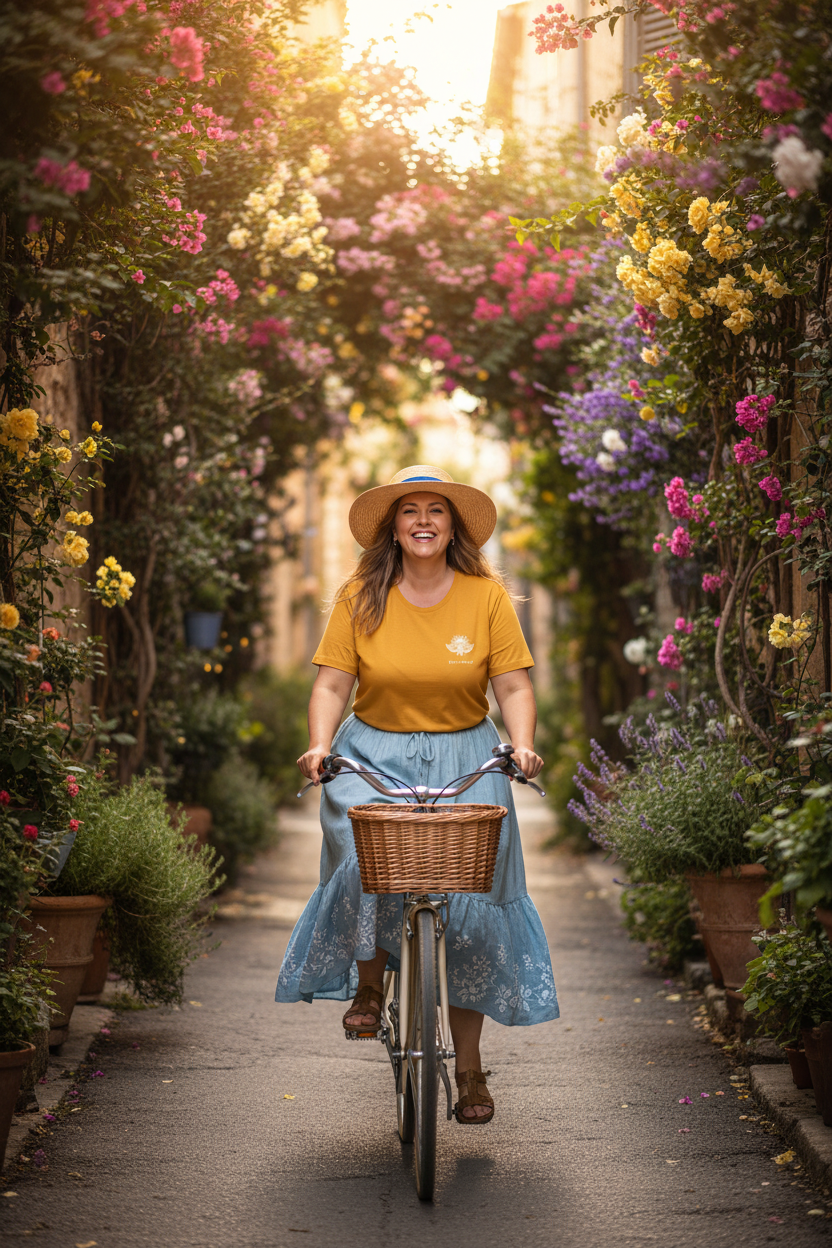 LE JUILLETISTE Sun Yellow CURVE – T-shirt unisexe jaune doré logo cigale blanc, femme curve libre à vélo dans une ruelle provençale fleurie, chapeau de paille, DELPHINUS