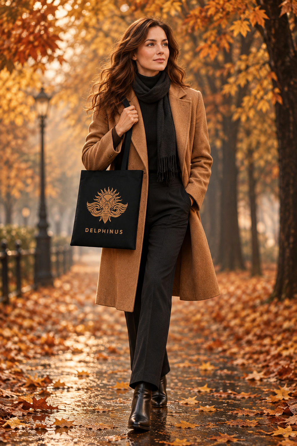 L'ÉCLIPSE – femme en manteau caramel portant le tote bag noir au logo cigale caramel sous les arbres d'automne, DELPHINUS