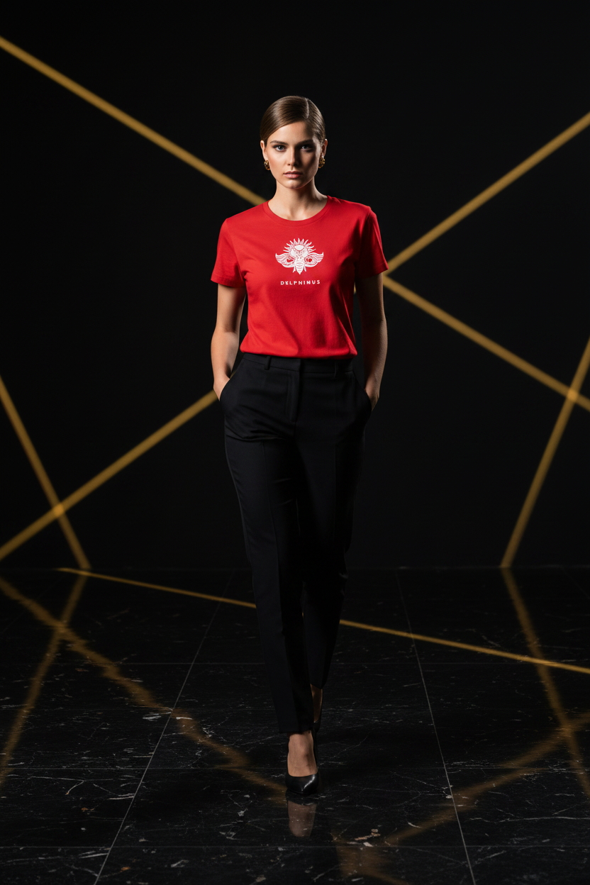 L'INTEMPOREL DELPHINUS – T-shirt unisexe rouge & logo blanc, femme jeune, coton bio certifié GOTS et Fair Wear

