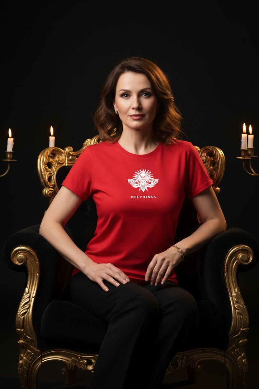 L'INTEMPOREL DELPHINUS – Tee-shirt unisexe rouge logo blanc, couple mature, fabrication éthique et responsable
