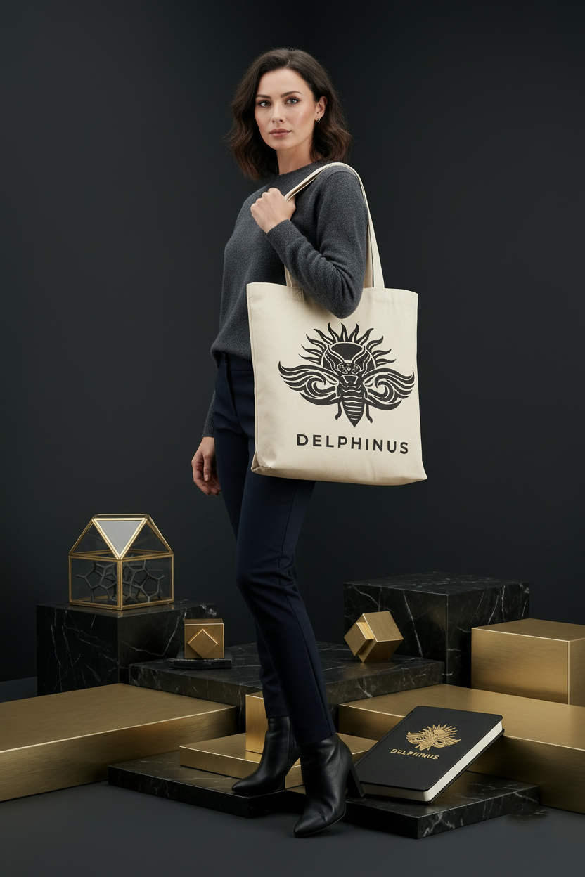 Femme portant le tote bag L'AUTHENTIQUE DELPHINUS — coloris naturel, logo cigale noir — ambiance marbre noir et or