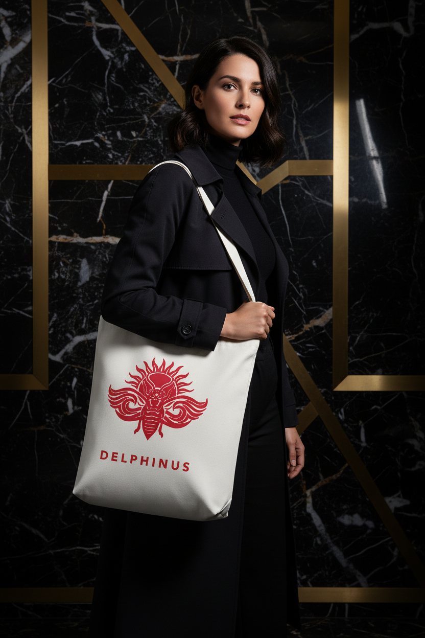Femme portant le tote bag L'ESTIVAL DELPHINUS — toile blanc cassé, logo cigale rouge — ambiance marbre noir et or