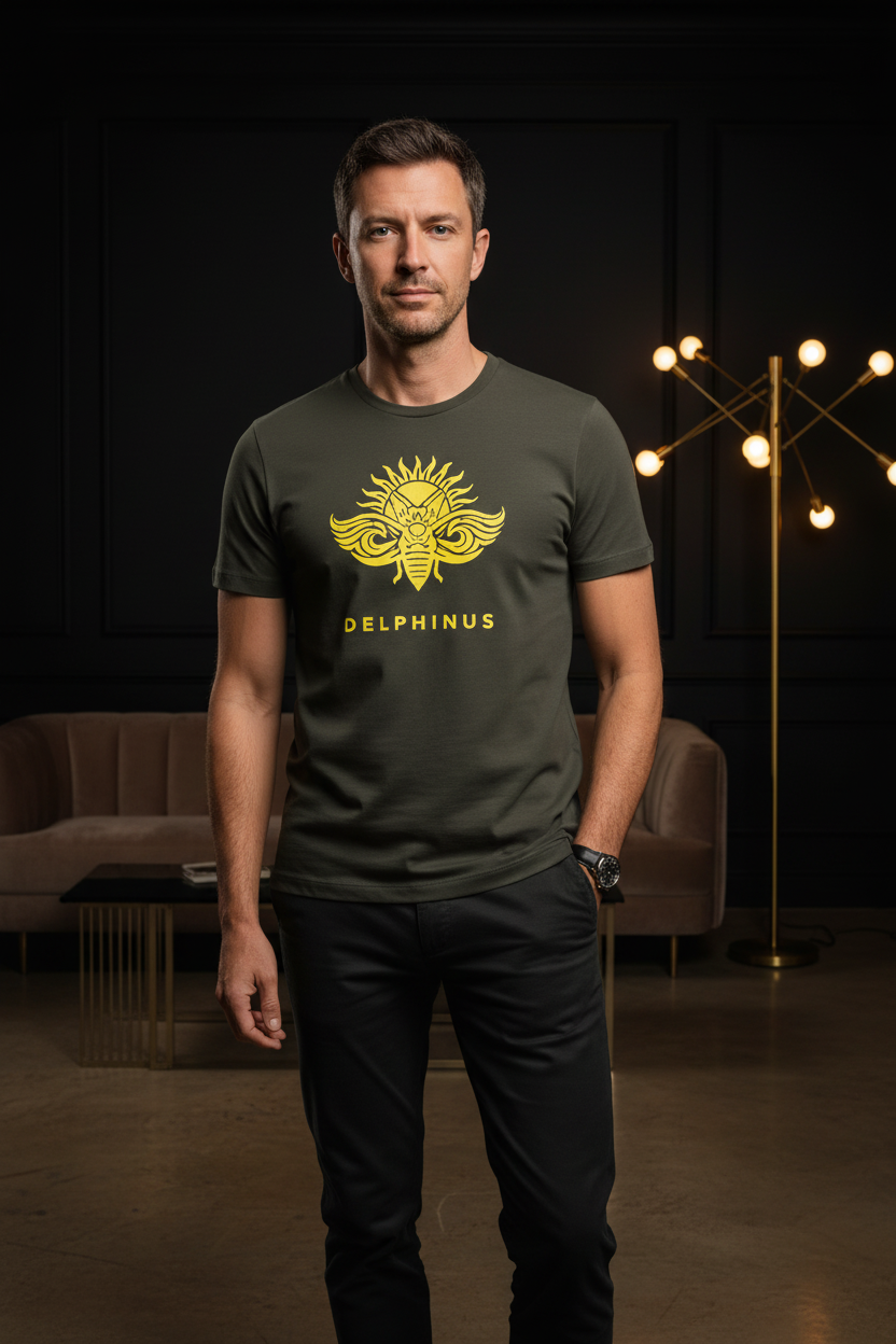 T-shirt La Rebelle DELPHINUS — Gris Foncé & Logo Jaune — Homme mature