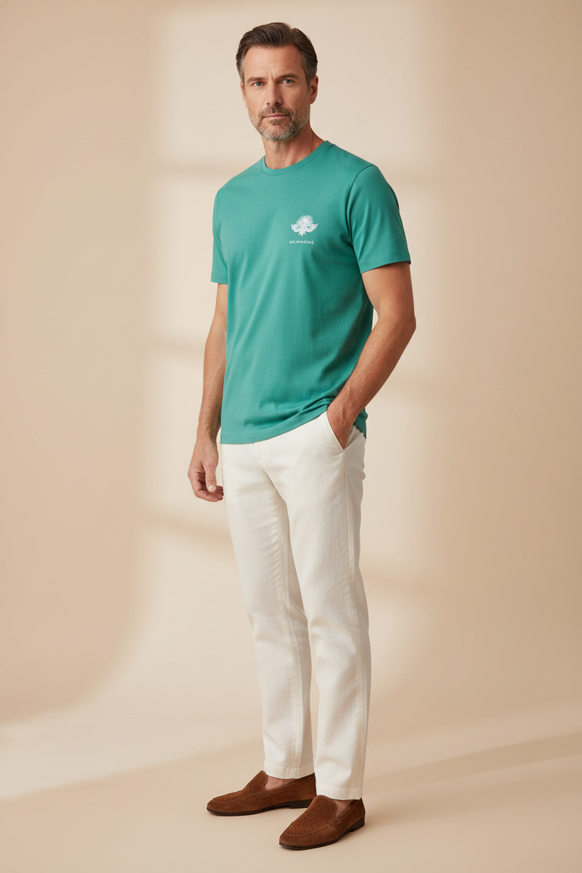 LA LAGUNE – T-shirt unisexe vert Peacock Green logo cigale blanc, homme élégant et distingué, ambiance estivale luxe, DELPHINUS