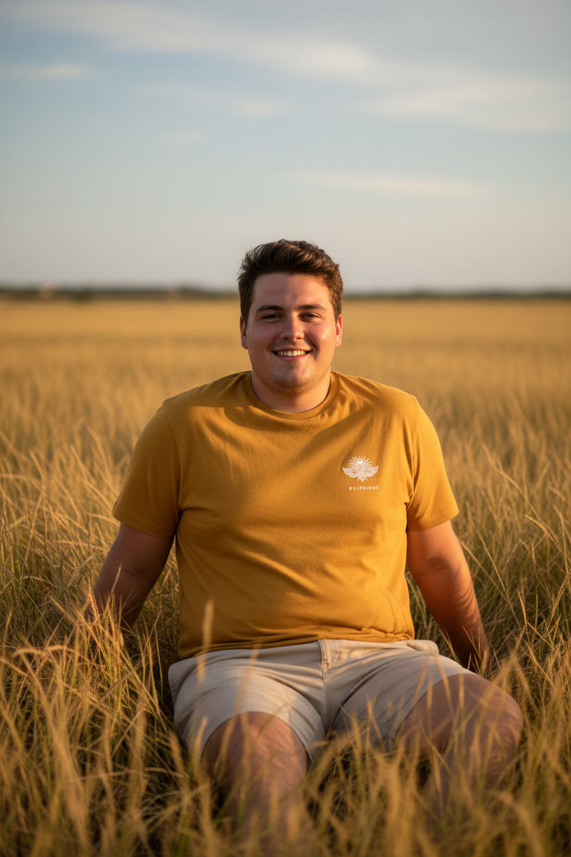 LE JUILLETISTE Sun Yellow CURVE – T-shirt unisexe jaune doré logo cigale blanc, jeune homme curve décontracté assis dans l'herbe dorée de Camargue, DELPHINUS
