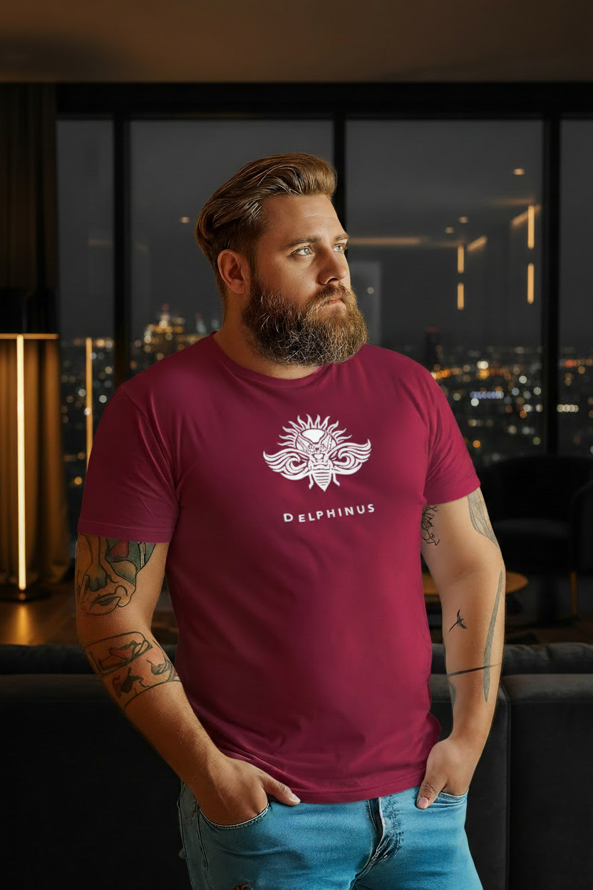 T-shirt unisexe DELPHINUS bordeaux logo blanc cigale, penthouse luxe noir et or, lumière dorée dramatique