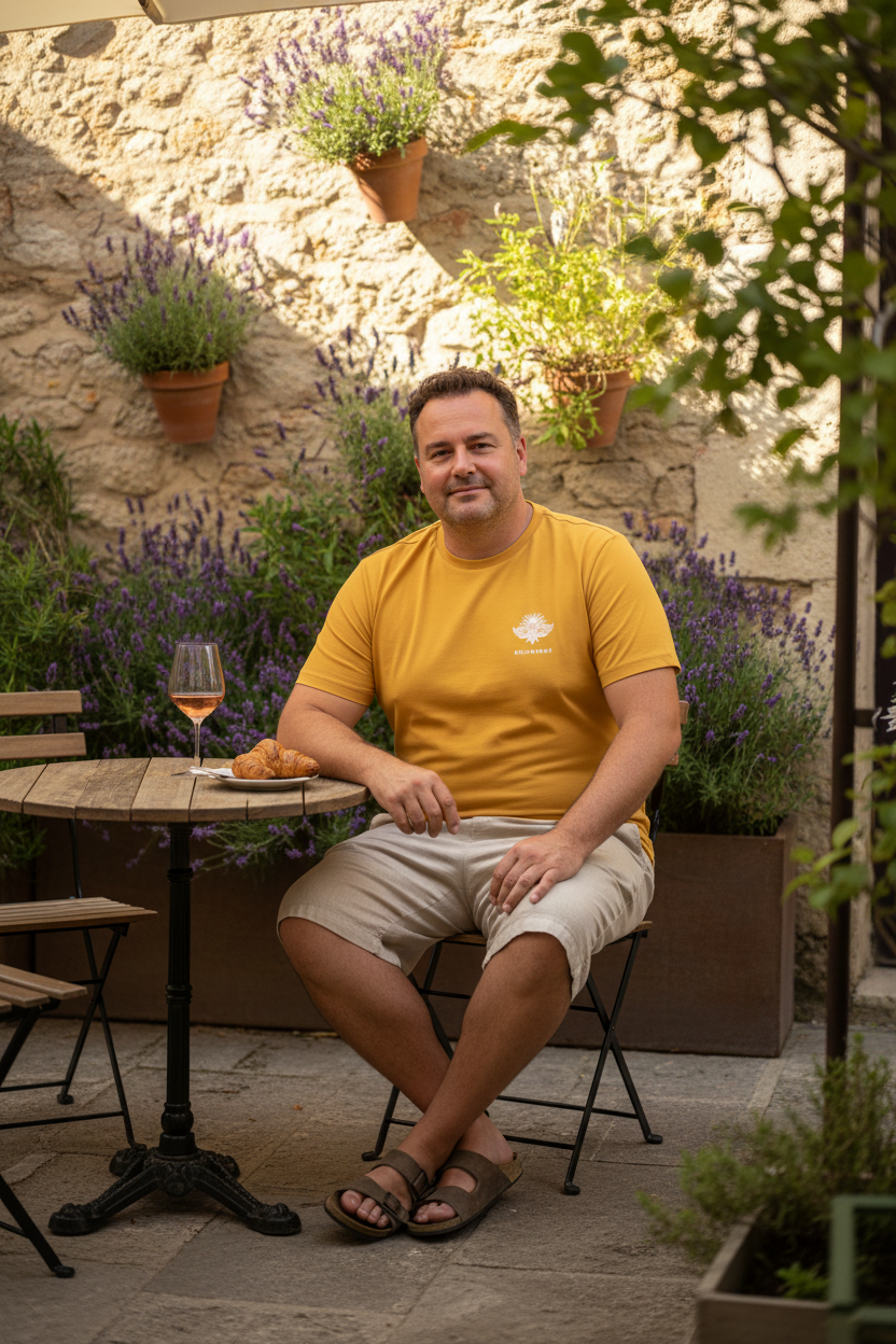 LE JUILLETISTE Sun Yellow CURVE – T-shirt unisexe jaune doré logo cigale blanc, homme curve décontracté en terrasse de café, village provençal ensoleillé, DELPHINUS