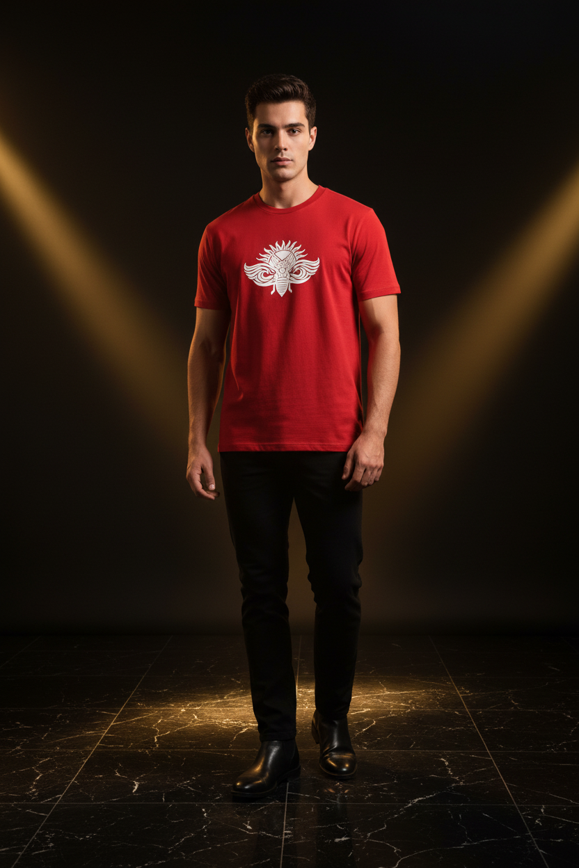 L'INTEMPOREL – T-shirt unisexe rouge logo blanc DELPHINUS, homme jeune, coupe Medium Fit, coton bio premium
