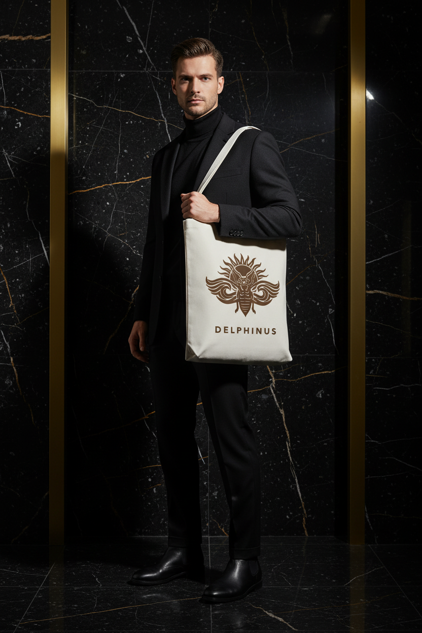 Homme portant le tote bag LA DUNE DELPHINUS — toile blanc cassé, logo cigale chocolat — ambiance marbre noir et or