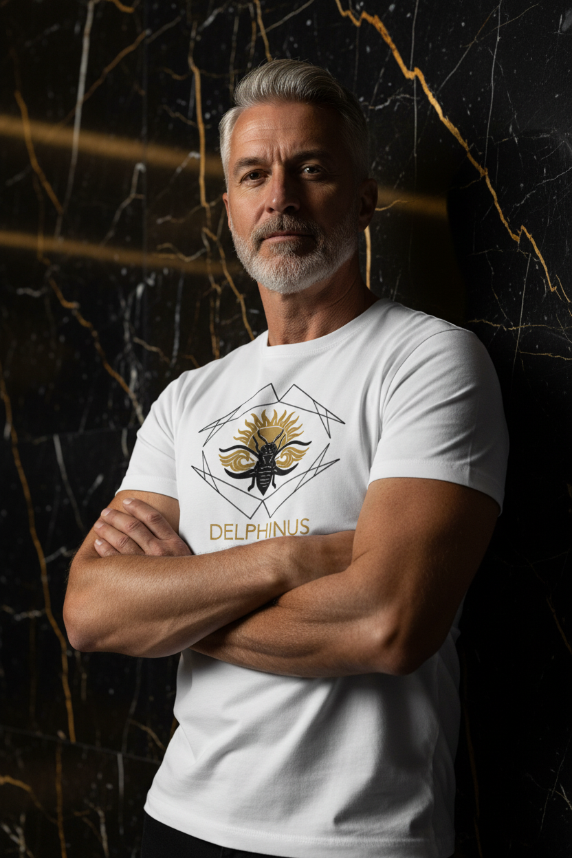 LE DELPHINUS – T-shirt unisexe blanc porté par un homme, logo cigale géométrique noir et or, pose premium fond marbre noir DELPHINUS
