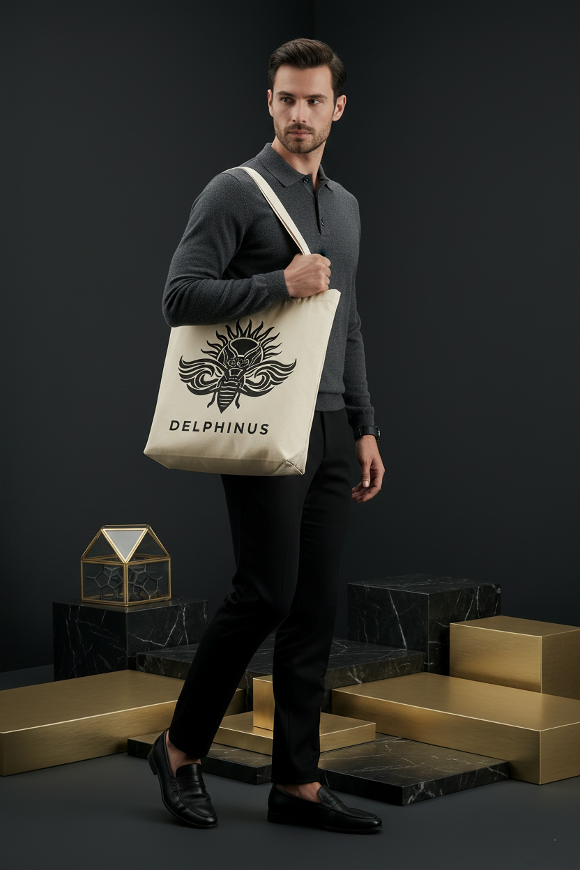 Homme portant le tote bag L'AUTHENTIQUE DELPHINUS — coloris naturel, logo cigale noir — ambiance marbre noir et or