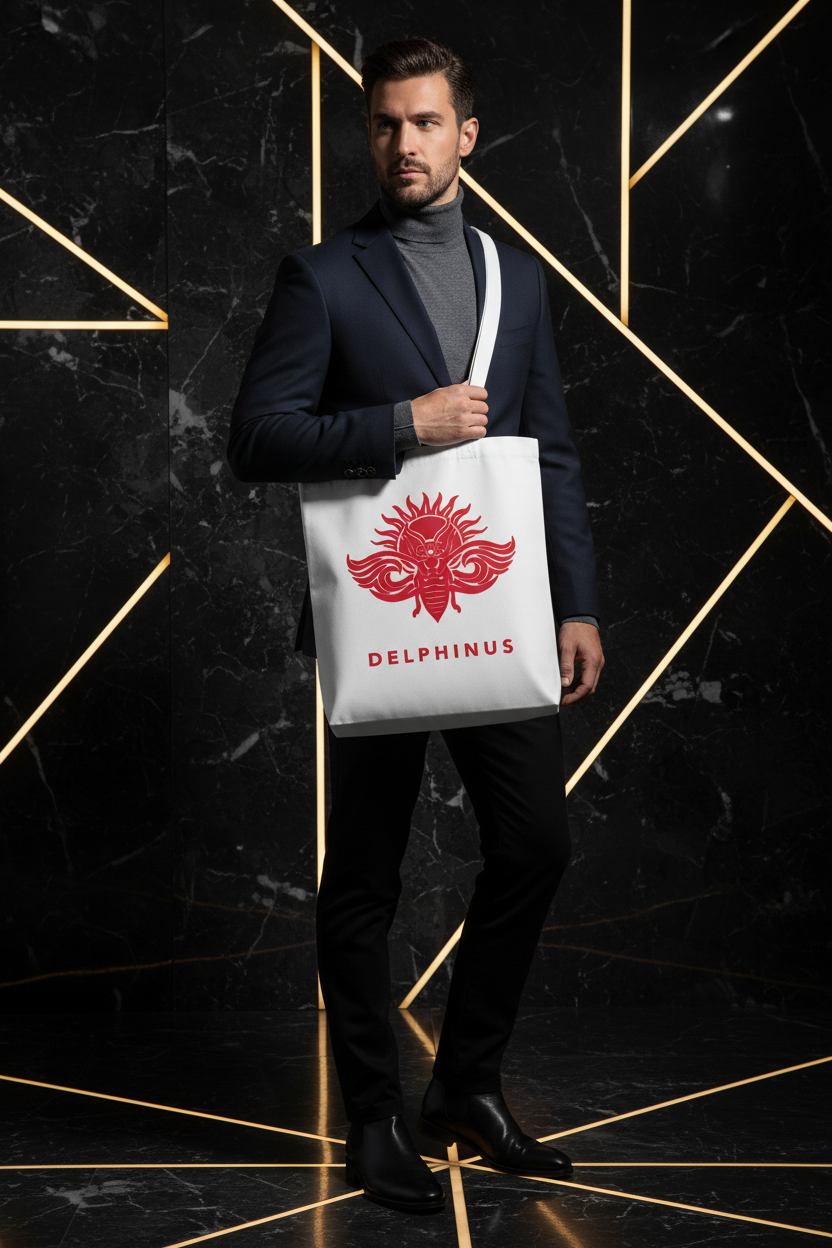 Homme portant le tote bag L'ESTIVAL DELPHINUS — toile blanc cassé, logo cigale rouge — ambiance marbre noir et or
