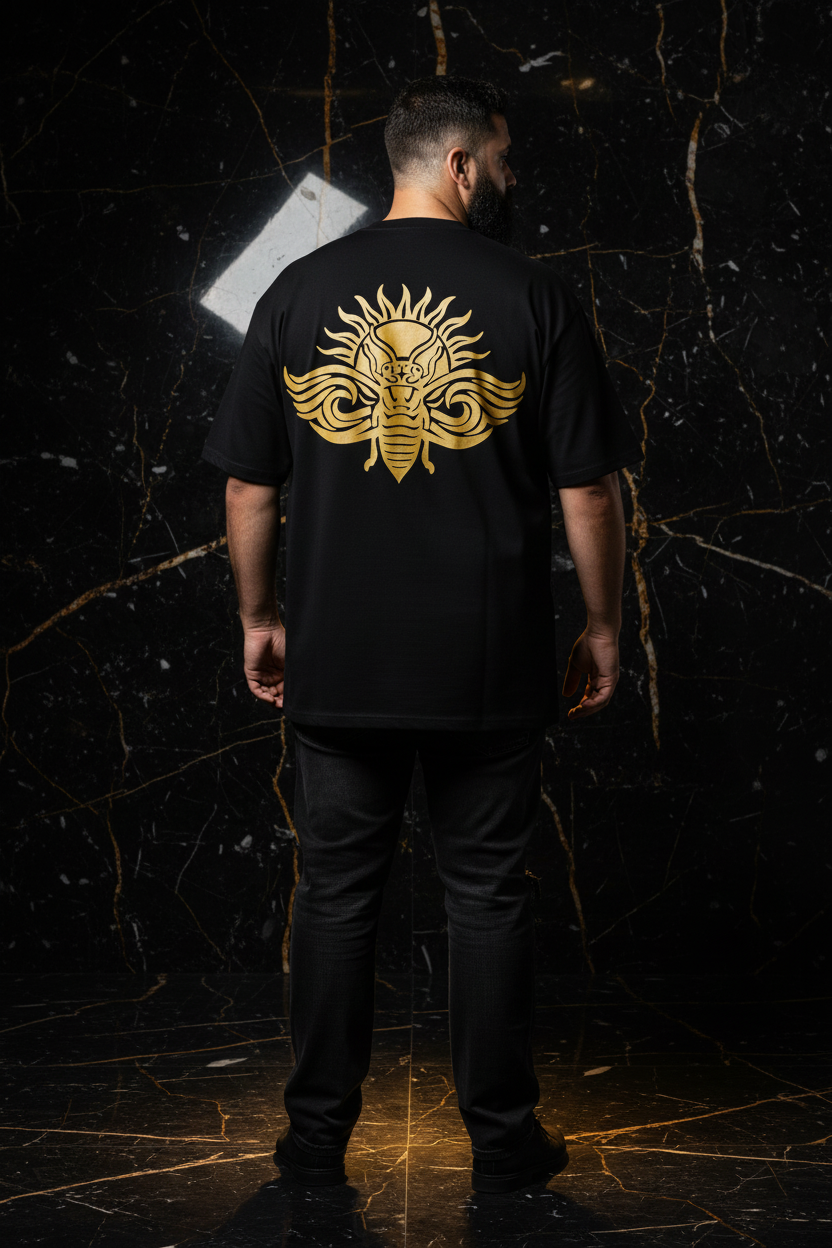 LE SIGNATURE CURVE – T-shirt unisexe oversize noir grand logo cigale doré dans le dos, homme curve élégant, studio premium marbre noir, DELPHINUS