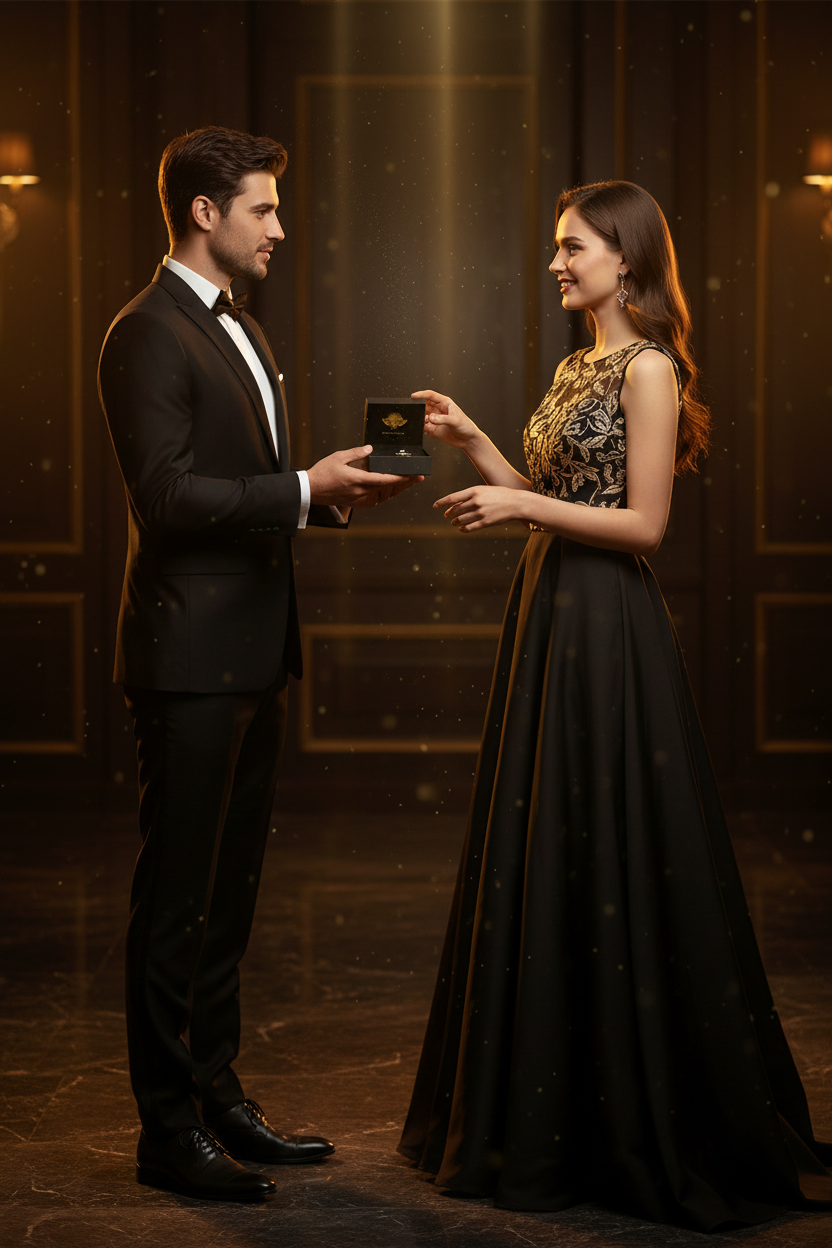 Homme élégant offrant l'Écrin Cadeau DELPHINUS à une femme — coffret porte-clé noir et or, cadeau premium DELPHINUS