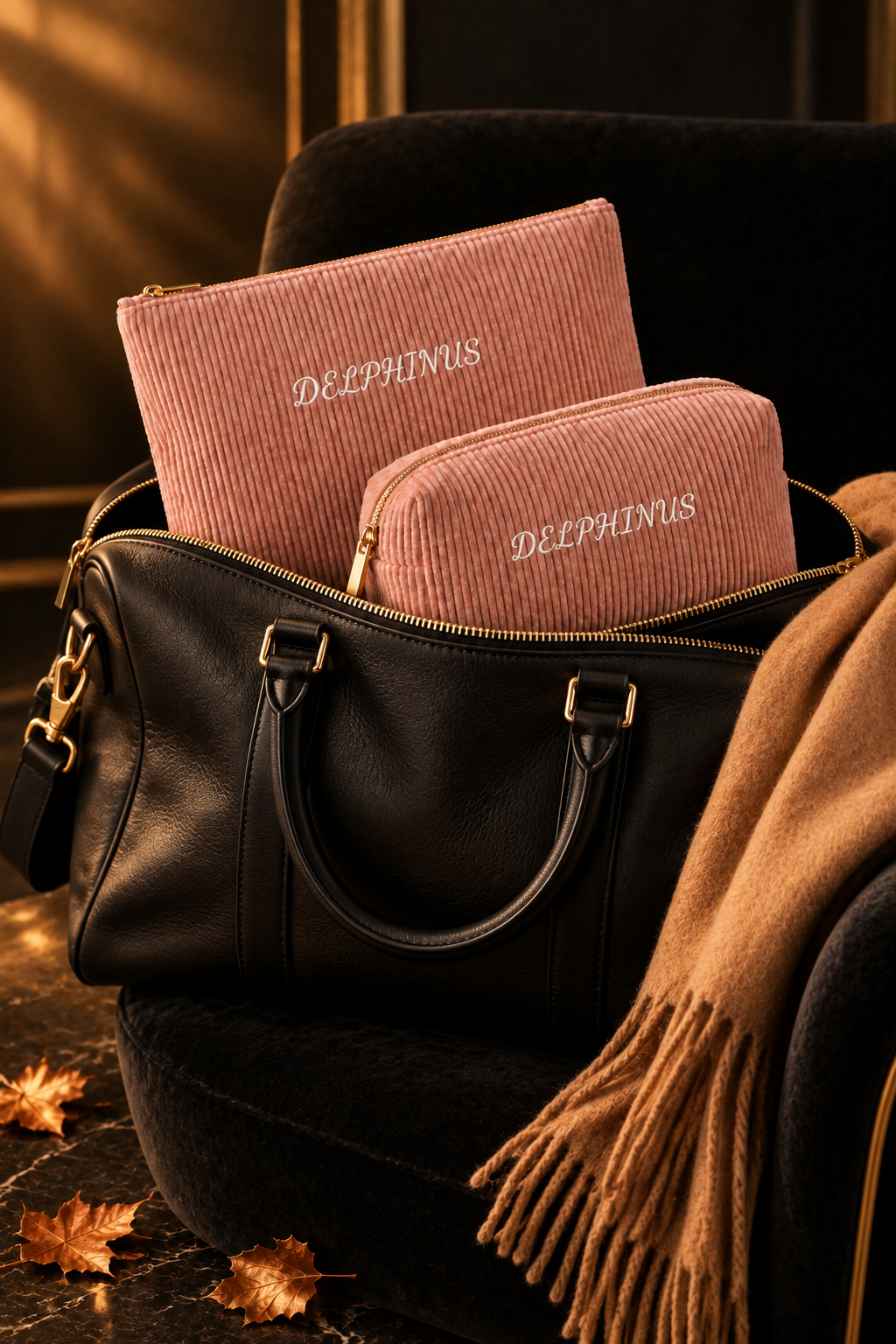 LES SAINTOISES – duo de trousses en velours côtelé rose dans un sac week-end en cuir noir, idée cadeau voyage, DELPHINUS