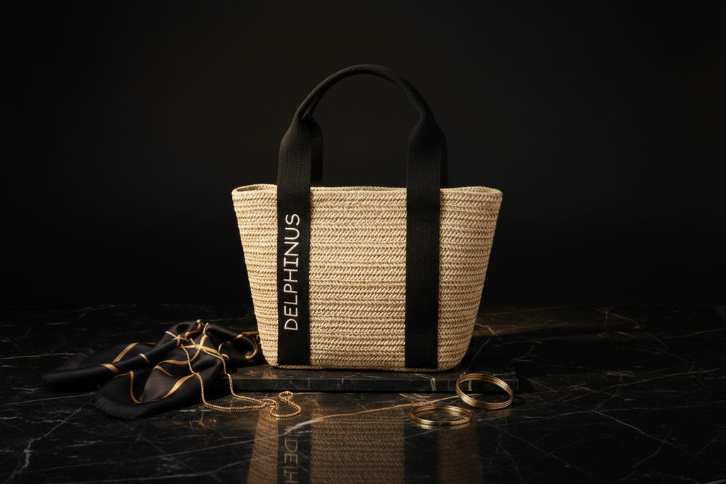 Le Nomade — Sac cabas DELPHINUS, mise en scène premium noir et or, variante anses crème et broderie noire