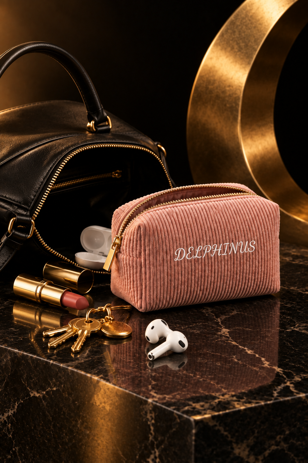 LES SAINTOISES – petite trousse en velours côtelé rose à fermeture dorée près d'un sac à main noir, essentiels du quotidien, DELPHINUS