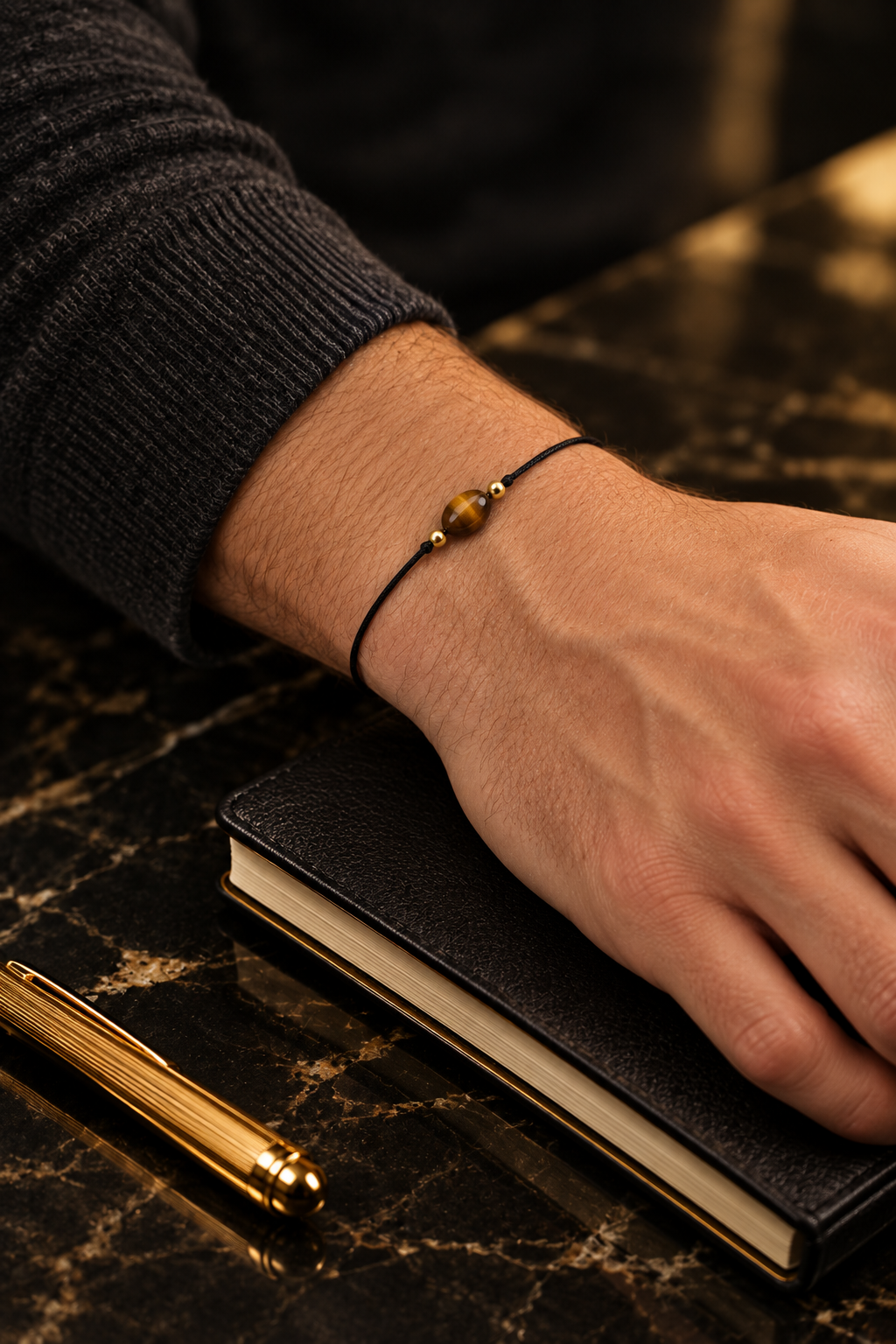 L'ÉTOILE – bracelet œil de tigre sur cordon noir porté par un homme, bureau en marbre noir, DELPHINUS