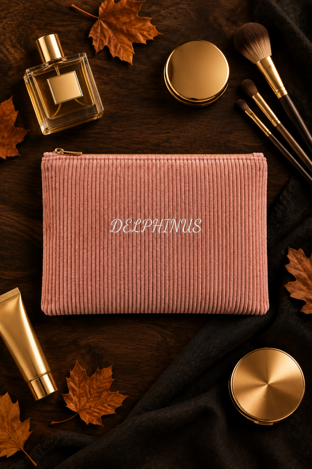 LES SAINTOISES – grande pochette plate en velours côtelé rose entourée de produits de beauté dorés, trousse maquillage, DELPHINUS