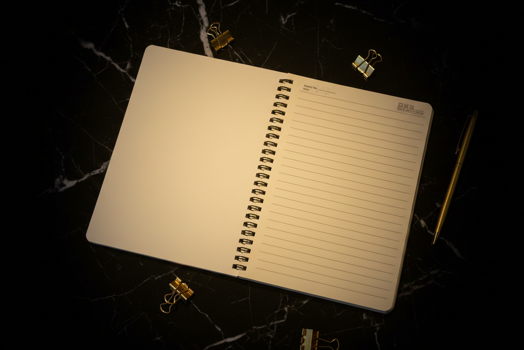 Le Complice — Intérieur carnet A5 DELPHINUS, pages lignées crème avec en-tête date et météo, spirale métallique