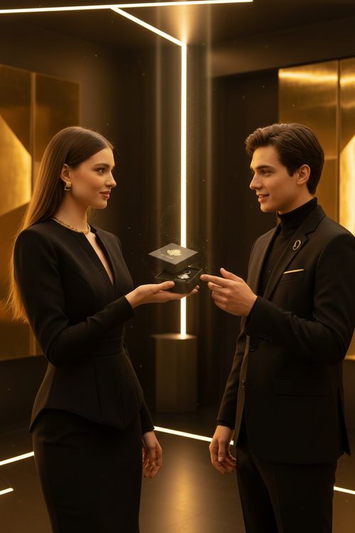 Jeune femme offrant l'Écrin Cadeau DELPHINUS à un jeune homme — coffret porte-clé noir mat logo or, idée cadeau DELPHINUS