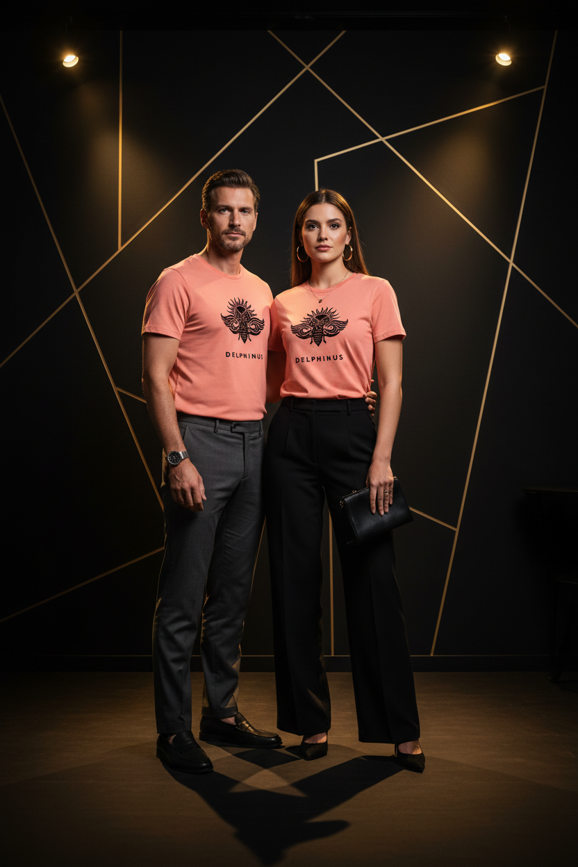 T-shirt LE Solaire DELPHINUS — homme et femme 35-40 ans portant le t-shirt Light Corail, style élégant et décontracté, ambiance premium
