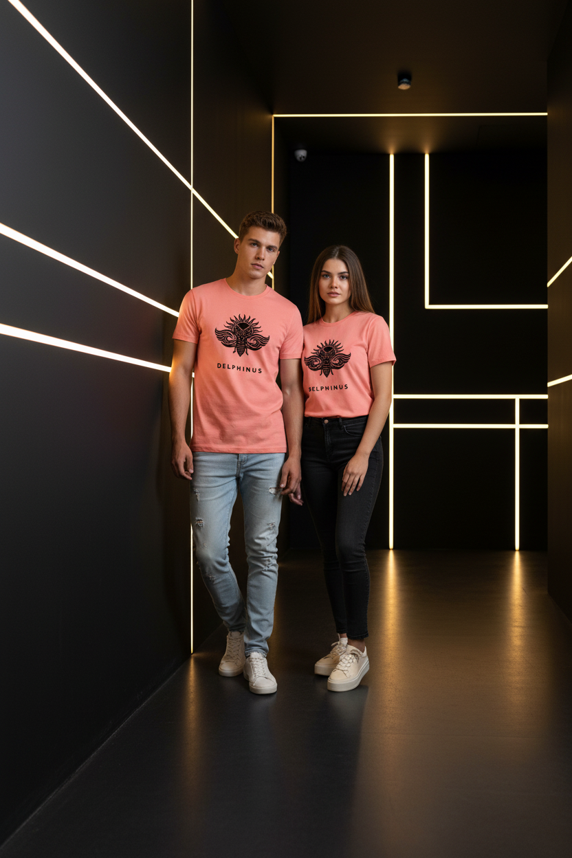 T-shirt LE Solaire DELPHINUS — duo jeunes en t-shirt Light Corail, pose naturelle, mise en scène éditoriale DELPHINUS