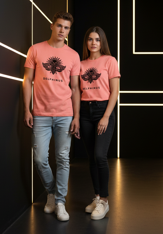 T-shirt LE Solaire DELPHINUS — deux jeunes portent le t-shirt coloris Light Corail dans une ambiance décontractée, fond noir et or, lumière dorée dramatique