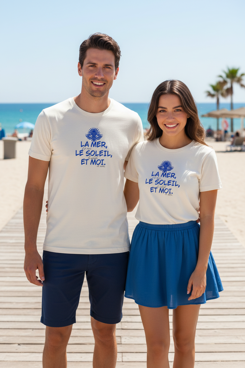 LA BRISE – t-shirt unisexe ivoire "La Mer, Le Soleil, Et Moi" bleu roi, duo homme femme bord de mer été, DELPHINUS
