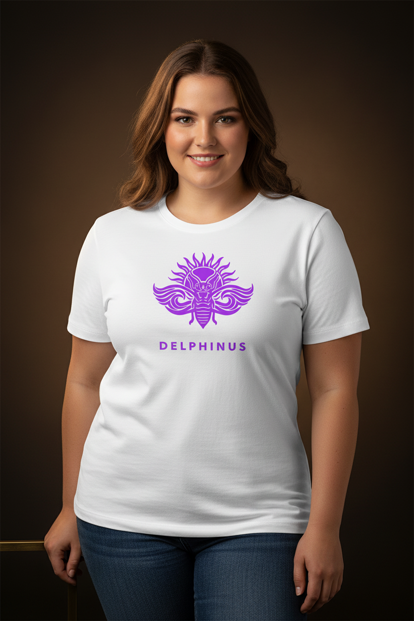 T-shirt La Captivante DELPHINUS — Femme Curve 20-25 ans, pose décontractée, blanc et logo violet