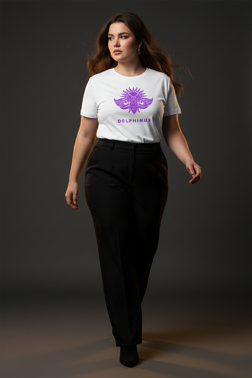 T-shirt La Captivante DELPHINUS — Femme Curve 20-25 ans en mouvement, blanc et logo violet
