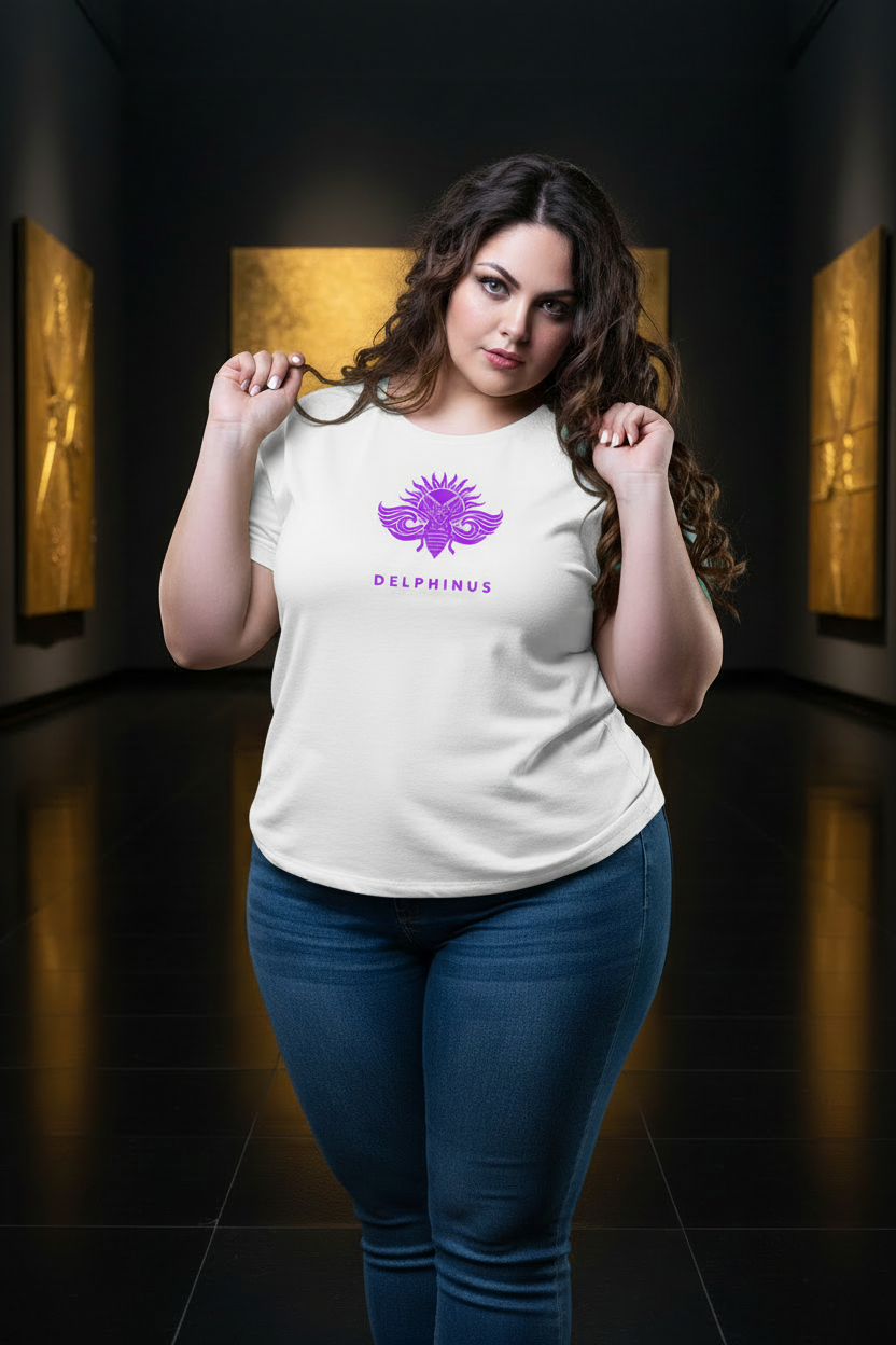 T-shirt La Captivante DELPHINUS — Femme Curve, t-shirt Blanc & logo Violet, mise en scène premium noir et or, galerie d'art