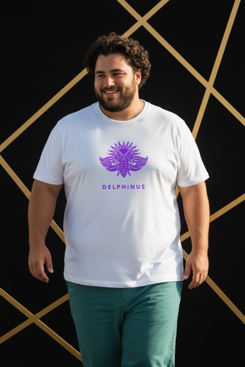 T-shirt La Captivante DELPHINUS — Homme Curve 5XL, t-shirt Blanc & logo Violet, mise en scène premium noir et or