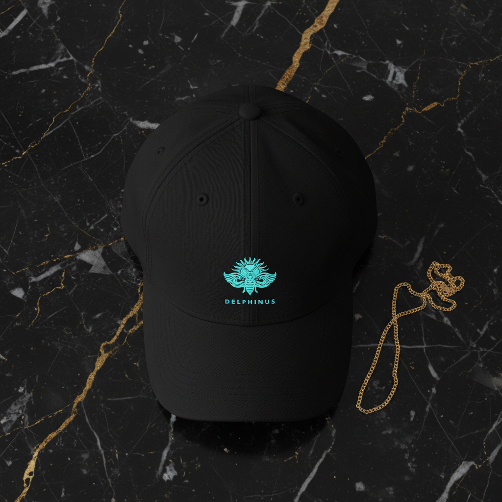 La Divine – Casquette noire logo turquoise DELPHINUS brodé, vue frontale, fond noir, éclairage studio premium