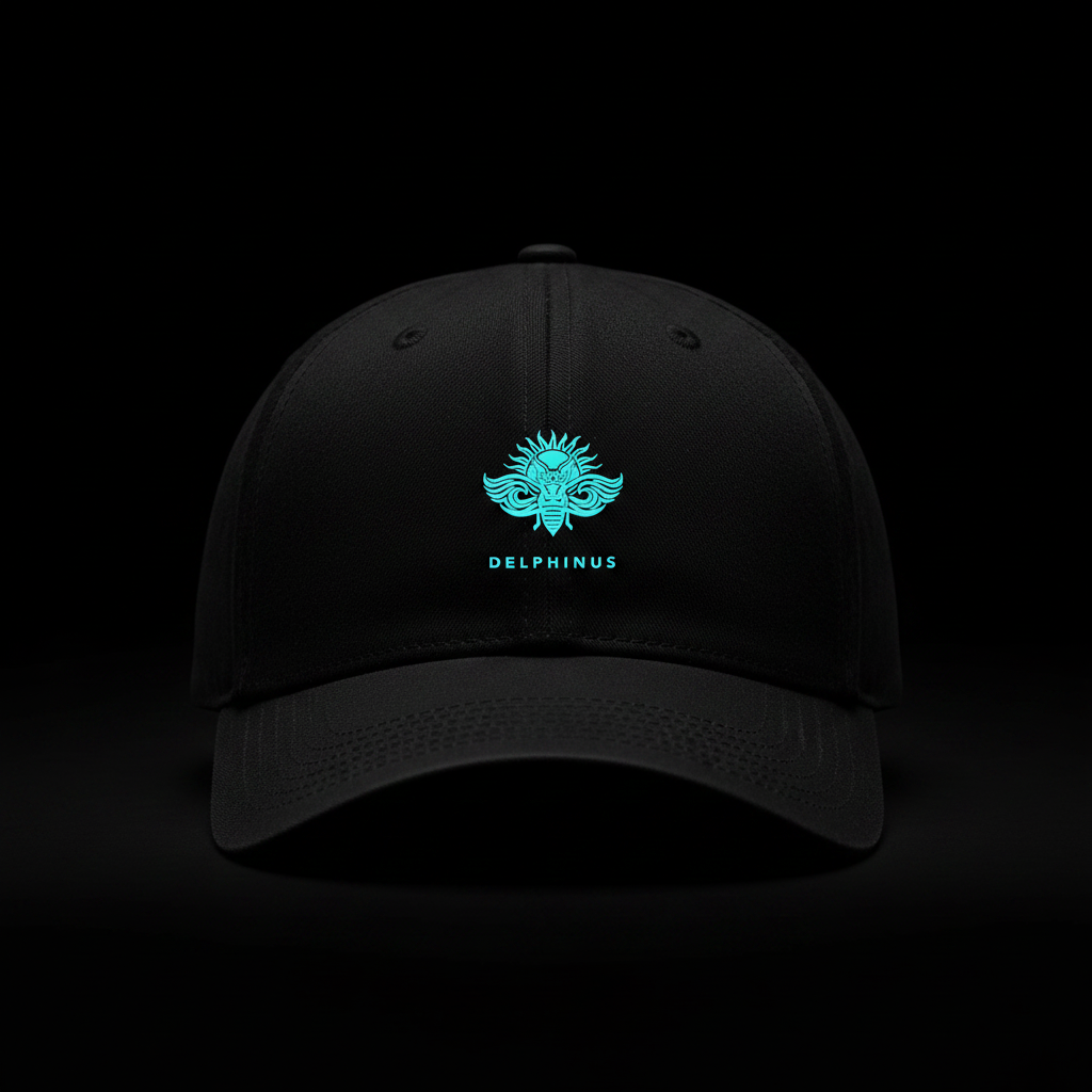 La Divine – Casquette noire logo turquoise DELPHINUS brodé, posée sur marbre noir veiné or, éclairage dramatique doré, reflet visible